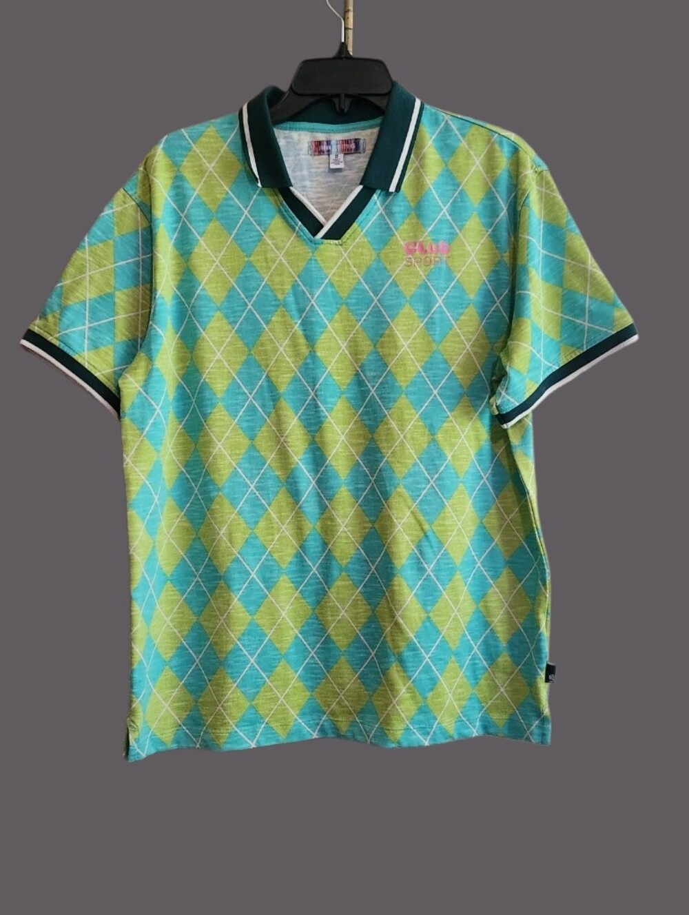 Urban Outfitters Reggie Soccer Jersey Aqua & Lime Argyle Polo Shirt
